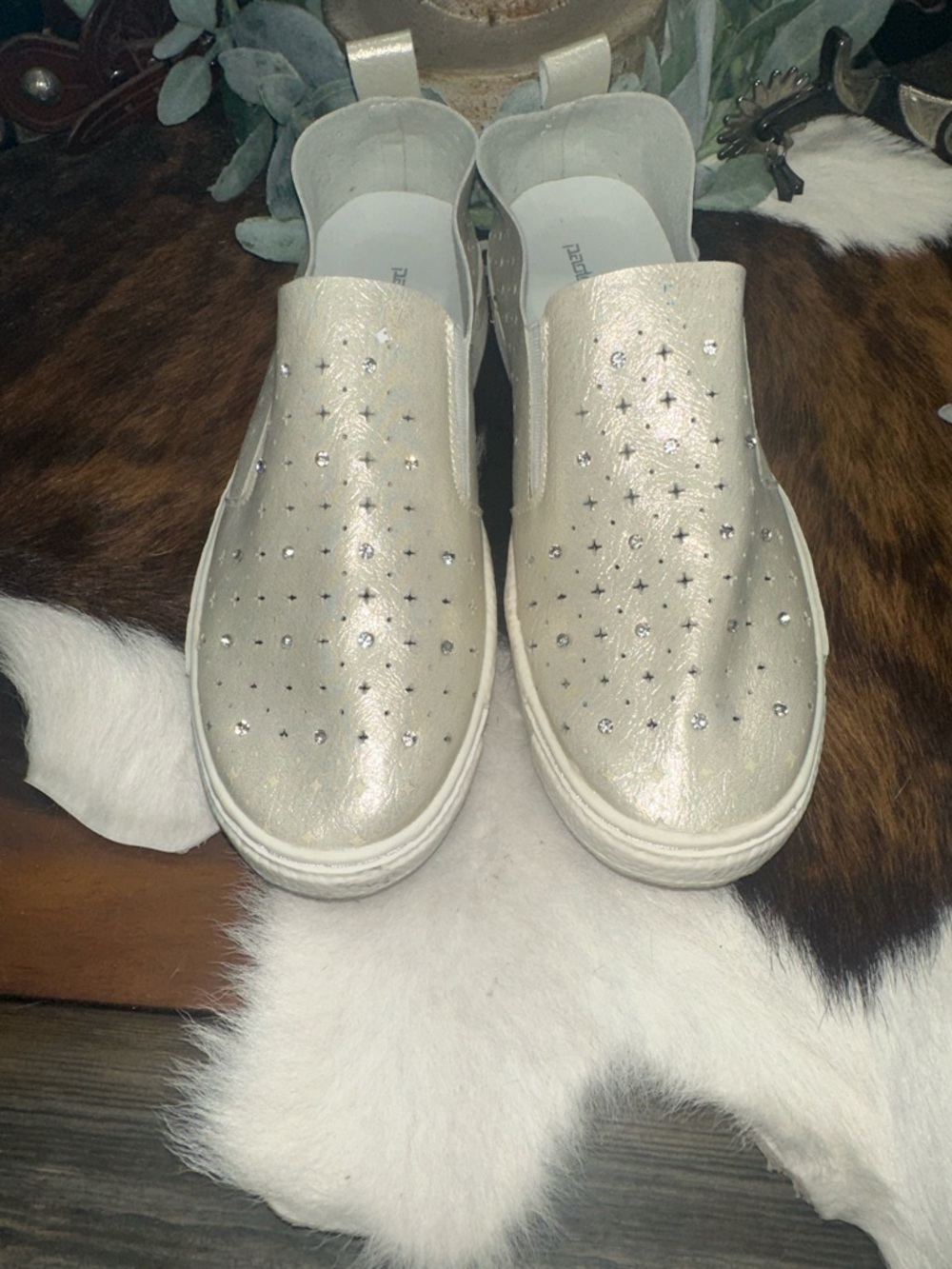 Paolo Women's Pearl White Slip-On Sneakers with Stud Accents